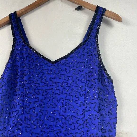 NWT Shalimar Silk Beaded Gown Med Blue Dress Evening Glam Artsy Elegant Maxi 90s